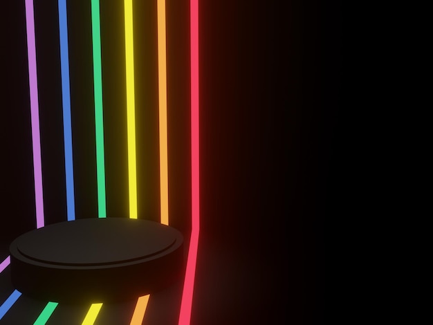 3D black display podium with LGBTQ rainbow neon lights