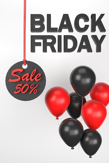 3D. Black Friday sign tag sale with balloons on a white background.