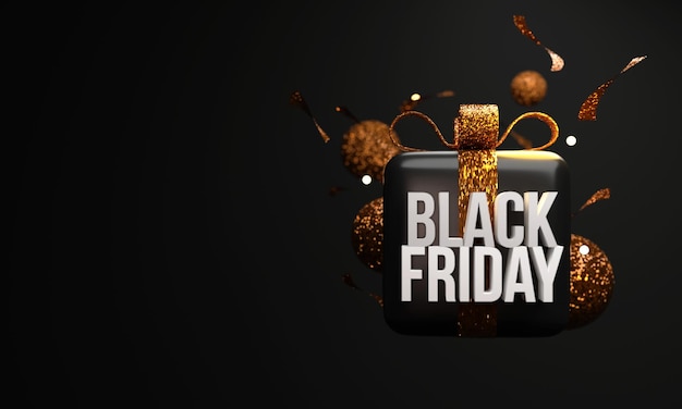 3D Black Friday Text With Gift Box Glitter Ribbons And Copy Space On Dark Background