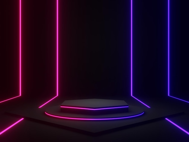 3D black geometric podium with blue and purple neon lights