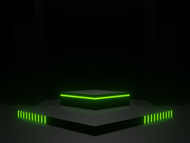 3D black geometric podium with green neon lights