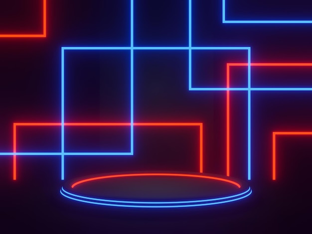 3D black geometric podium with red and blue neon lights