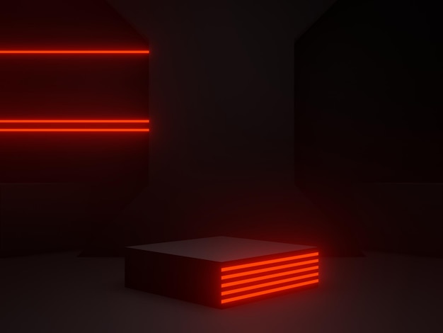 3D black geometric podium with red neon lights SciFi mock up