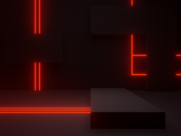 3D black geometric podium with red neon lights SciFi mock up