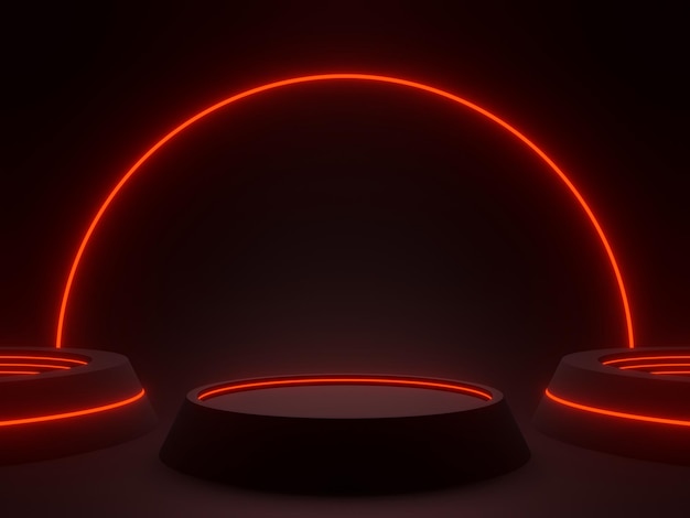 3D black geometric podium with red neon lights SciFi mock up