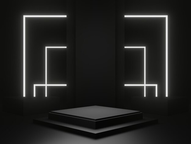 3D black geometric podium with white neon lights Product mockup