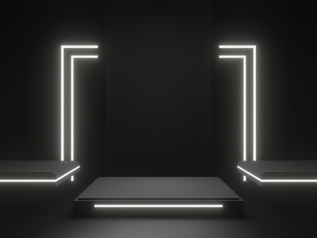 3D black geometric podium with white neon lights Product mockup