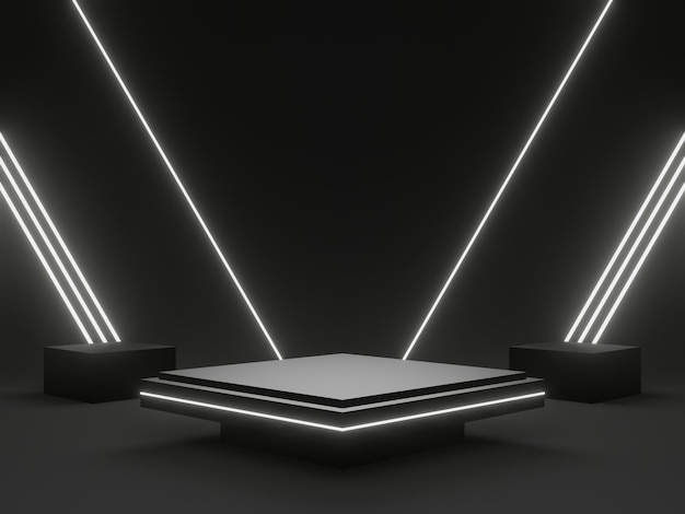 3D black geometric podium with white neon lights SciFi mock up