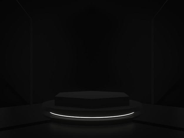 3D black geometric podium with white neon lights