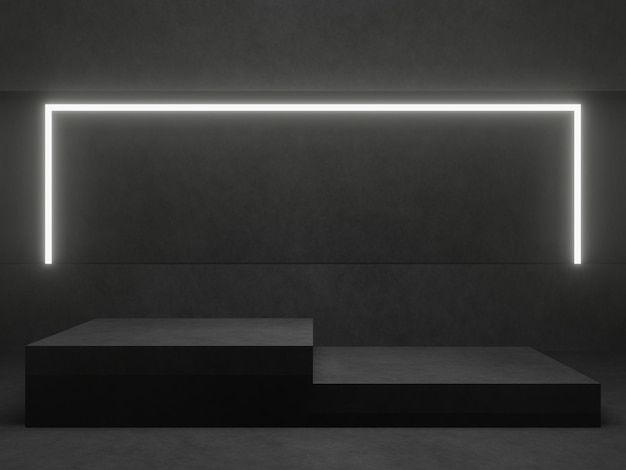 3D black geometric podium with white neon lights