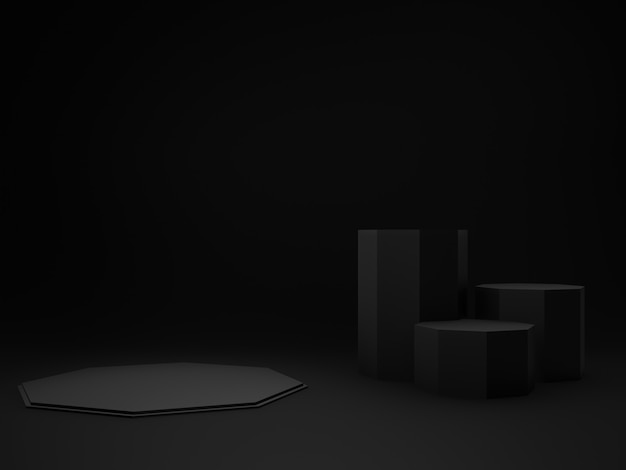 3D black geometric product podium. Dark background.