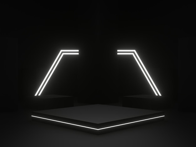 3D Black geometric stage podium with white neon light. Dark background.