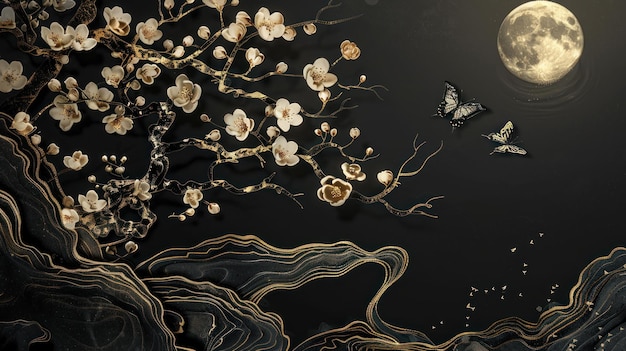 3d black and gold illustration of an old tree with flowers and moon wallpaper