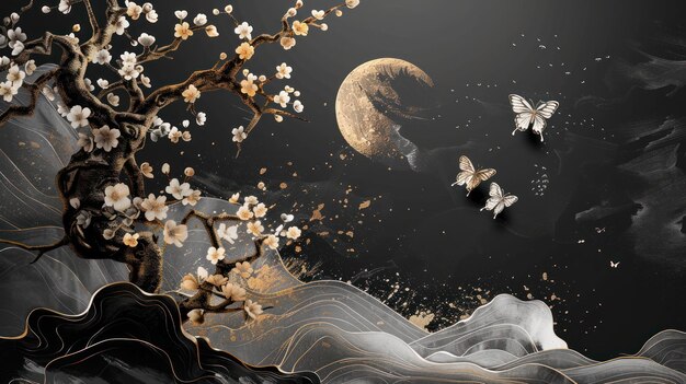 3d black and gold illustration of an old tree with flowers and moon wallpaper