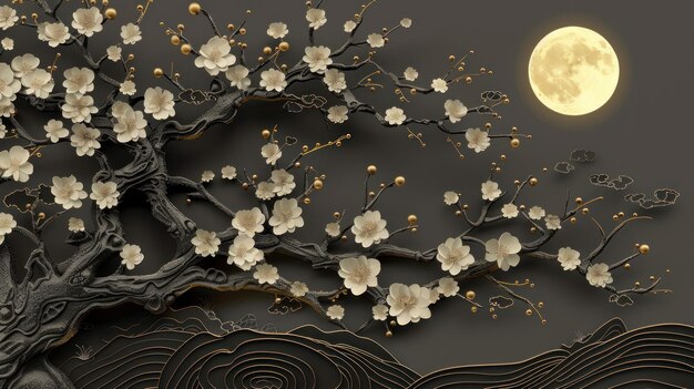 3d black and gold illustration of an old tree with flowers and moon wallpaper