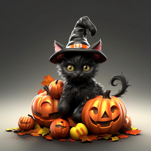 3D black kitten in a witch hat sits on a pumpkin