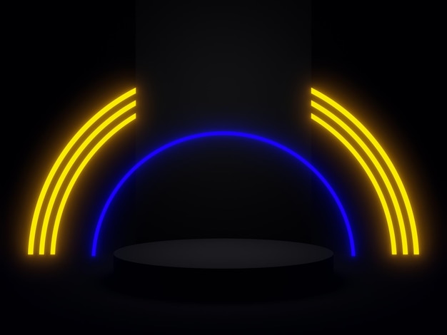 3D black podium with yellow and blue neon lights