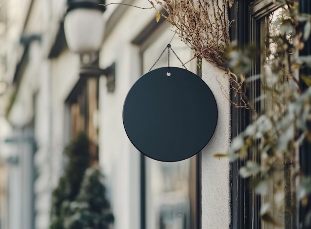 Photo 3d black round hanging sign mockup with greenery background for storefront branding display