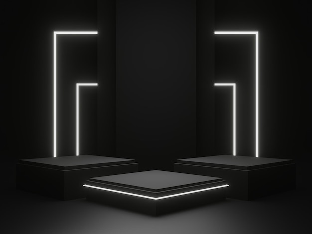 3D Black scientific background Dark podium with white neon lights