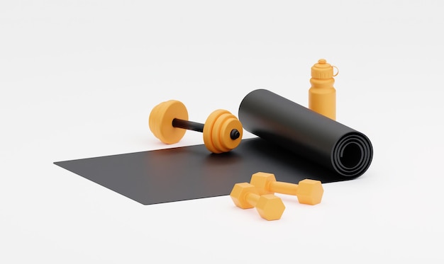 3D Black sports mat with dumbbells water bottle and barbell For yoga and fitness classes