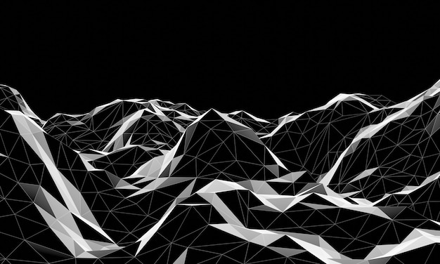 3D black and white low polygon topographic terrain