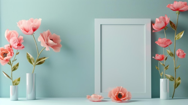 3D blank photo frame Mockup design isolated floral pastel background with text space