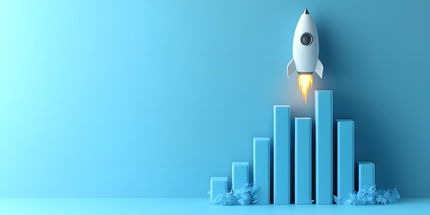 Photo 3d blue bar graph with rocket illustrating growth trends for business presentations and financial re