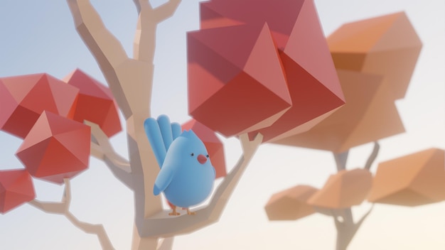 A 3D Blue bird is on the tree