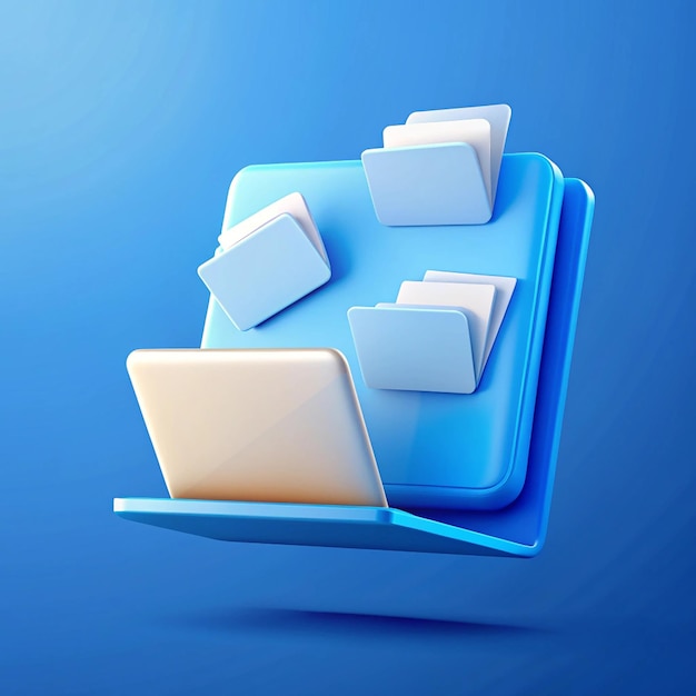 3d blue computer icon folder flying blank documents isolated over blue background