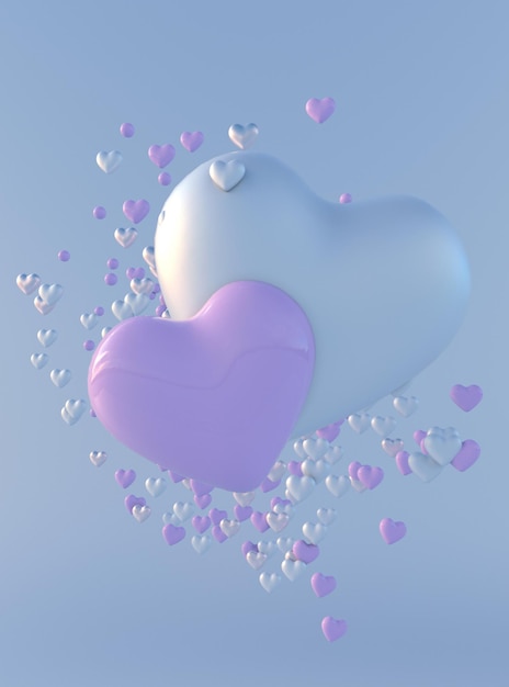 3D blue pastel background for St Valentines Day Romantic minimal design with pink hearts