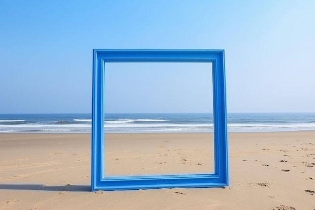 3d Blue picture frame on the beach with ocean and blue sky background