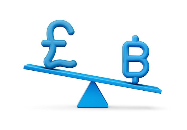 3d Blue Pound And Baht Symbol Icons With 3d Blue Balance Weight Seesaw 3d illustration