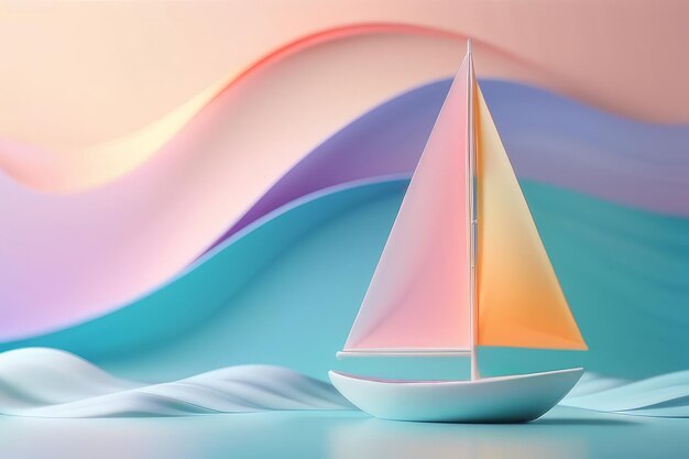 3d boat with a sail on the waves gradient background