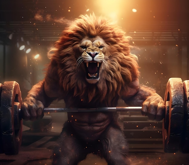 3D Body Builder Lion Lifting Weights in Old Gym Ai Generated