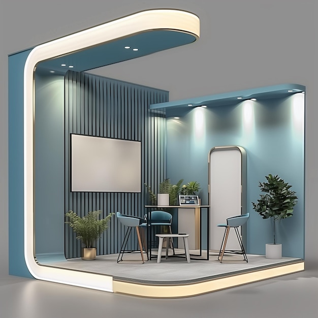 3d booth design for an exhibition stand blue and white color theme display with blank LED screen