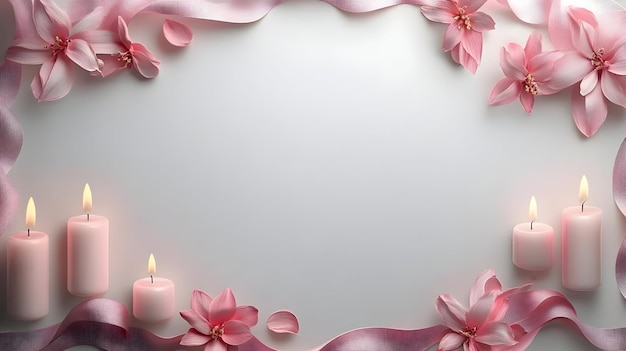 Photo 3d border frame with pink ribbons and glowing candles with the word remember at the bottom with gene