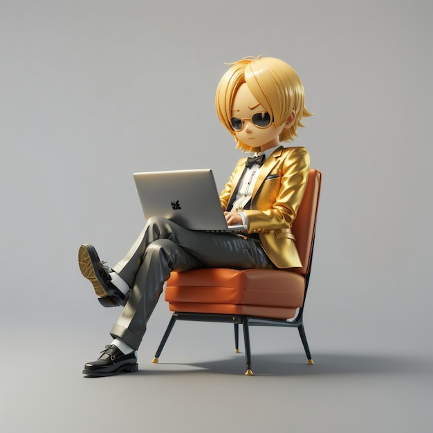 3d boss illustration character working on laptop while sitting in chair