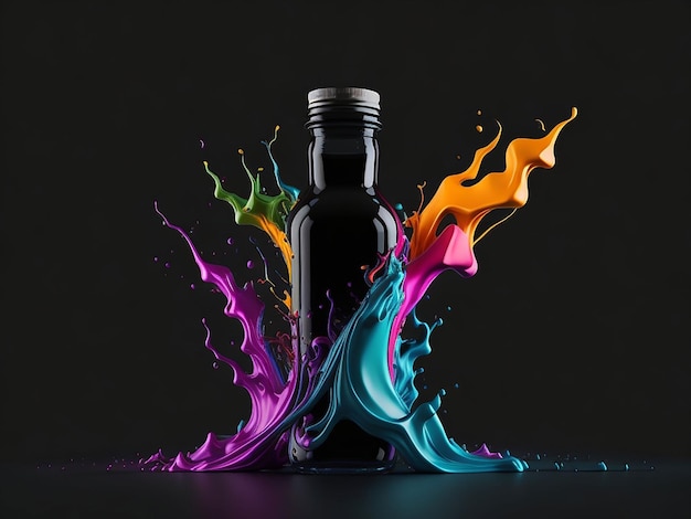 3d bottle with splash effect on black background