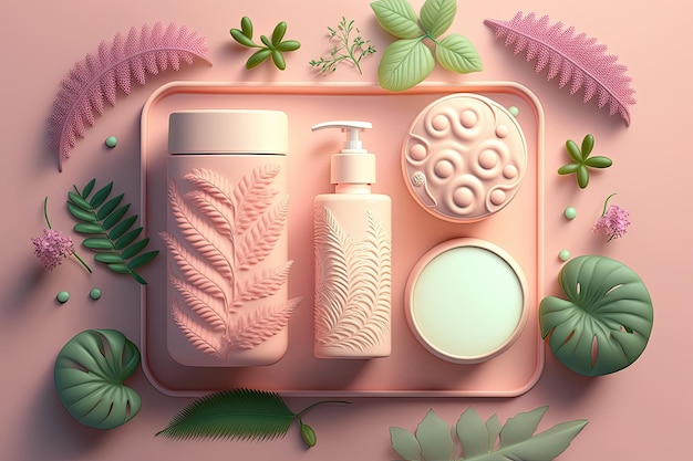 3d bottles view cream tonic lotion variety on pink background with leaves and plants Perfect for cosmetic product display or ad template