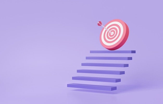 3D the bow embroidered arrow achievement target successful concept on pastel background Minimal cartoon purple staircase strategy step by step growth of business 3d render illustration