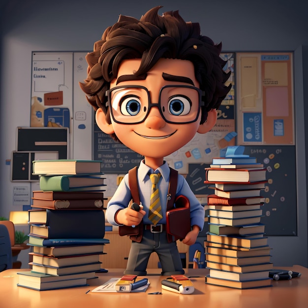 3D Boy Cartoon Character Educational Classroom generative ai