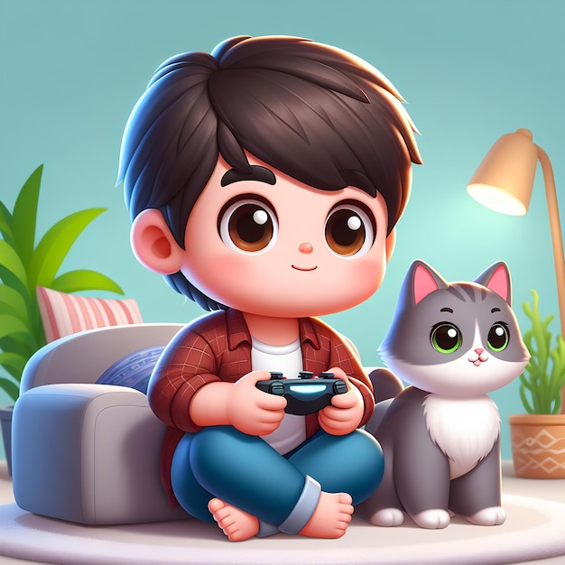 3D boy playing video game with a cute kitten by his side