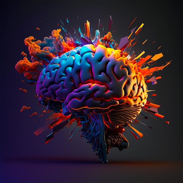 3d brain splashing and exploding knowledge with different color unleash thinking dark background