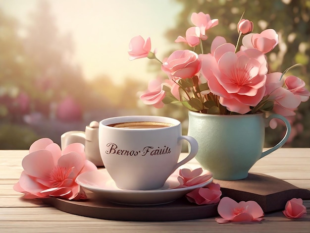 Photo 3d buenos dias familia a serene morning coffee with flowers