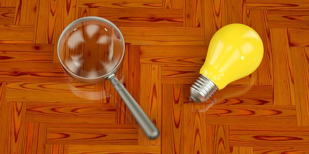 Photo 3d bulb and magnifying glass on wooden table.