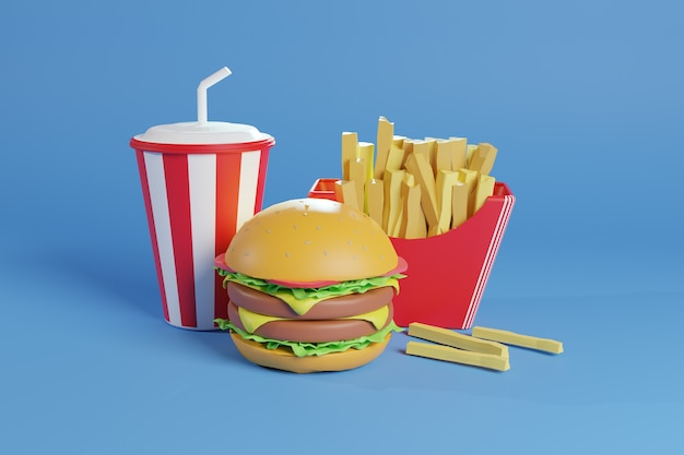 3D Burger Illustration With French Fries