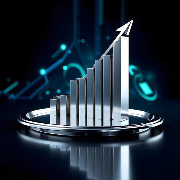 3D business growth chart on a polished silver plate