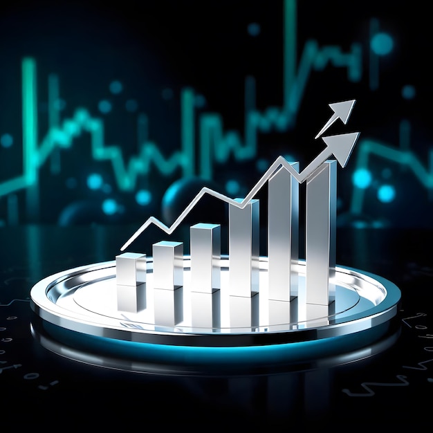 3D business growth chart on a polished silver plate