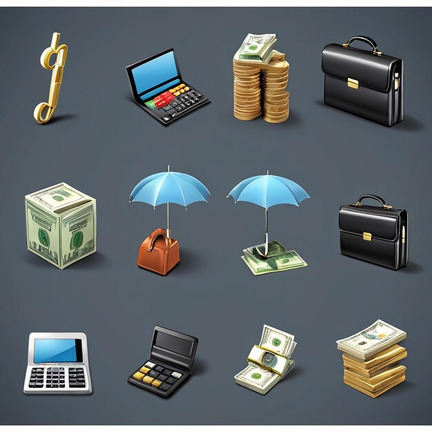 Photo 3d business icon set calculato