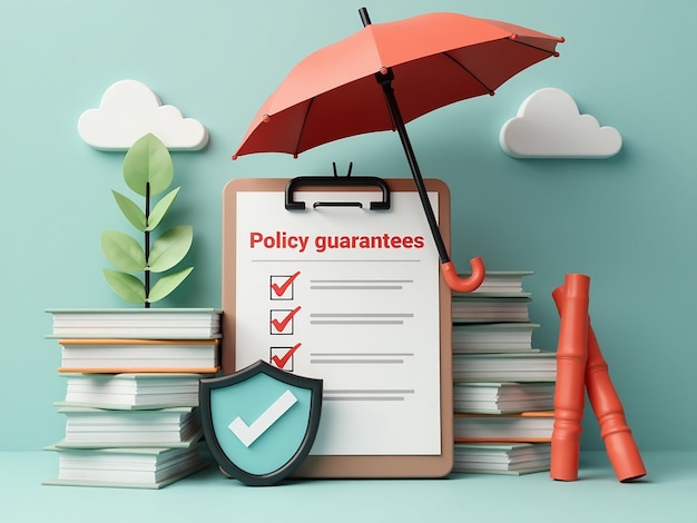 Photo 3d business insurance concept policy guarantee business 3d render illustration with check marks umbrella shield